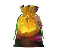 Yellow Lotus Flower Printed Christmas Drawstring Bags Reusable Xmas Bag for Party Xmas Gift Wrapping, Green Ribbon, S