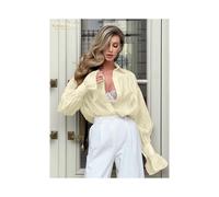 (Yellow, M) Clacive Fashion Loose Pink Office Women's Blouse Elegant Lapel Long Sleeve Shirt Casual Classic Solid Top Female Clothing