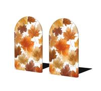 Yellow Maple Leaves Book Ends 1 Pair Fall Leaf Wooden Bookends for Shelves Heavy Duty Bookshelf Holder with Anti Slip Base, Book Stopper for Home Office Library