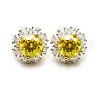 Yellow Moissanite Flower Stud Earrings Total 2.0 Carat Round Cut Simulated Diamond Push Back Jewelry 18K White Gold Plated Silver