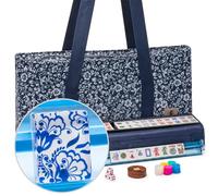 Yellow Mountain Imports American Mahjong Set, Chinoise II with Floral Blue Soft Case - All-in-One Racks with Pushers, Wright Patterson Betting Coins, Dice, & Wind Indicator