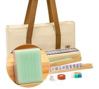 Yellow Mountain Imports American Mahjong Set, “Jade Horizon” - 166 Tiles with Wooden Racks & Pushers, Wright Patterson Scoring Coins, Dice, Wind Indicator, and Soft Beige Case