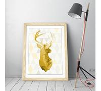 Yellow Mustard Grey Geometric Background Stag Head Framed Wall Art Picture Print - A4 - Light Oak Frame