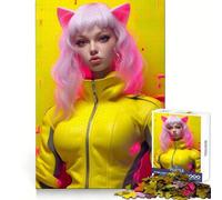Yellow Neon Anime Girl Cat 1000 Piece Jigsaw Puzzle for Adults Logical Think Soft Distraction Seamless Lock Festive Present (38x52cm)