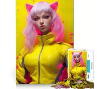 Yellow Neon Anime Girl Cat 1000 Piece Jigsaw Puzzles Memory Train Fun Smooth Burr Free Surface Entertaining Challenge for Spare Time (50x75cm)
