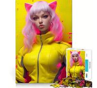 Yellow Neon Anime Girl Cat Jigsaw Puzzles1000 Pieces Cognitive Boost Fun Burr Free Clean Cut Pieces Holiday Indoor Entertainment Toy (38x26cm)