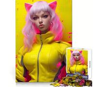Yellow Neon Anime Girl Cat Puzzle for Teenagers 1000 Pieces Brain Teasing Soothing Hobby Solid Lock Thoughtful Gift (38x26cm)
