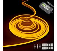 Yellow neon LED strip lights - 16.4ft/5m 12V DC flexible rope light with 600 high-density SMD2835 LEDs, featuring IP65 waterproof rating for indoor and outdoor decoration (includes power adapter).