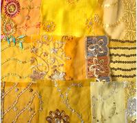 Yellow Ochre Assorted Embellished Sari Fabric Remnants Scraps - 10 Pieces (Yellow)
