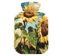 Yellow Oil Painting Sunflower Cute hot Water Bottle with Soft Cover, 2L Warm Water Bottle for Bed for Hand Feet Warmer, Menstrual Cramps, Bolsa Caliente para Dolores musculares