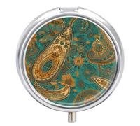 Yellow Paisley Pattern Pill Box Round Portable Small Pill Case Waterproof Travel Pill Box Organizer for Pocket Purse and Daily Convenience