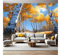 Yellow Panoramic Mural Wallpaper 390 x 260 cm Autumn Birch Forest Wall Mural Non-Woven Art Print Wallpaper Living Room Bedroom Sofa TV Backdrop Decoration Poster Picture Photo