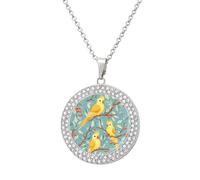 Yellow Parrot Birds Branches Berries Fashion Necklace Chain Round Graphic Pendant with Diamond Jewellery Silver-style