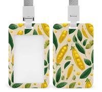 Yellow Peas Green Leaves Fashion ID Badge Holder Sliding Vertical Name Tag Card Protector with Lanyard
