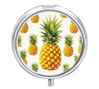 Yellow Pineapple on White Background Illustration Round Pill Box with Mirror 3 Compartment Portable Pill Case for Travel Outdoor Use Cute Small Pill Organizer for Pocket Or Purse