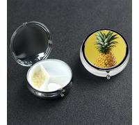 Yellow Pineapple Pill Box with Mirror 3 Compartment Decorative Pill Case for Purse or Pocket Small Round Pill Organizer Weekly Metal Medicine Tablet Vitamin Holder Travel Gift