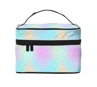 Yellow Pink Pastel Fishscale Makeup Bag, Cute Cosmetic Bags for Women, Toiletry Bag, Large Travel Make Up Organizer Bag