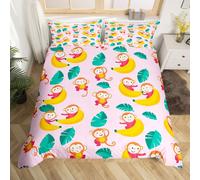 (Yellow Pink, Super King(No Comforter)) Homewish Pink Monkey Bedding Set Double,Jungle Animals Monkey Duvet Cover Cute Leaves Banana Comforter Cover Wildlife Natural Bed Cover for Kids Boys