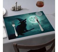 Yellow Placemats A Black Cat with Glowing Eyes Sits On A Broomstick Against A Backdrop of A Full Moon and Dark Clouds Dining Place Mats Premium Kitchen & Dining Table Runner(6PCS)