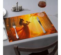 Yellow Placemats A Woman Plays The Flute In An Autumn Forest Dining Place Mats Rustic Home Decor Silicone Mats For Kitchen Counte(6PCS)