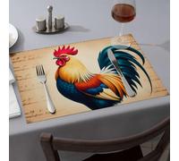 Yellow Placemats Colorful Rooster On Ancient Manuscript Background Dining Place Mats Kitchen & Table Linens Western Tablecloth(6PCS)