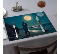 Yellow Placemats Lovers Under The Full Moon On The Beach Dining Place Mats Rustic Home Decor Silicone Mats for Kitchen Counte(6PCS)