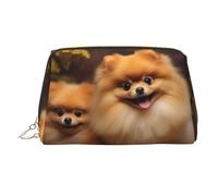 Yellow Pomeranian Leather Makeup Bag Waterproof Cosmetic Bag Organizer Small Make Up Zipper Pouch Portable Travel Toiletry Bag for Women Girls