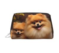 Yellow Pomeranian Leather Makeup Bag Waterproof Cosmetic Bag Organizer Small Make Up Zipper Pouch Portable Travel Toiletry Bag for Women Girls