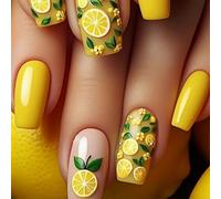 Yellow Press on Nails Medium Coffin SWEKKE Fun Fake Nails Cute Nails False Nails with Designs Lemon Flower Fruit Glossy Glue on Nails Summer Acrylic Nails Stick on Nails for Women Girls 24 Pcs