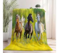 Yellow Printed Fleece Blanket Small Single (127 x 152 cm), No Shed No Pilling Ultra Soft Plush Cozy Nature Outdoors Horses Prints Theme Home Décor Flannel Blanket for Whole Family Sofa Couch Bed