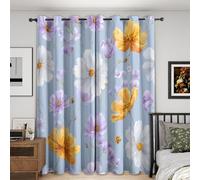 Yellow Purple Flower Curtains Blackout, 90x108 Inch 2 Panels - White Floral Pattern Black Out Curtains, Home Decor, 108 Drop Eyelet Window Drapes for Bedroom, Living Room DH225