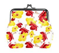 Yellow Red Gibiscus Flowers Floral Pattern Women’s PU Leather Coin Wallets Girls Mini Buckle Coin Purse Pouch