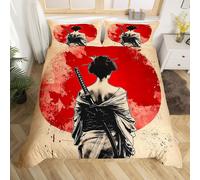 (Yellow Red, Single(No Comforter)) Homewish Samurai Duvet Cover Cherry Blossoms Bedding Set Double,Japanese Style Comforter Cover Red Sunset Ink Silhouette Bed Cover for Boys Men