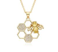 Yellow Rhinestone Bee on Honeycomb Pendant Necklace for Women Cubic Zirconia Hollow CZ Hexagon Geometric Charm Dainty Crystal Bumble Animal Adjustable Link Chain Choker Fashion Jewelry for Mom Her