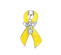 Bling Jewelry Yellow Ribbon Pin for Awareness and Support Military, Suicide Prevention, Missing Persons, Childhood Cancer Guardian Angel Crystal Brooch Lapel Pin for Women Enamel Silver Plated