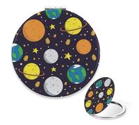 Yellow Ringed Planets Small Mirror, 1X/2X Round Small Mirror for Makeup, Travel Size Makeup Pu Leather Portable Mirrors, Holiday Essentials Handheld Mirrors, Gadgets for Women, Teenage Girls Gifts