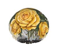 Yellow Rose Print Premium Double Layer Shower Cap For Women With Reusable Shower Cap For Hair - Waterproof Plastic Cap - Shower Caps For Long, Short And Curly Hairs