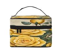 Yellow Rose -Print Waterproof Large Cosmetic Bag for Travel & Gym, Makeup Organizer with 4 Elastic Straps & Compartments,Premium Twill Fabric.