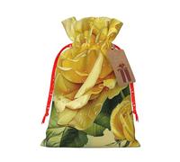 Yellow Rose Printed Christmas Drawstring Bags for Xmas Gift Wrapping, Red Christmas Ribbon, M
