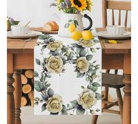 Yellow Rose Table Runner 16x72 Inches Long Spring Green Floral Leaf Wreath Flower Hand-painted Style Cotton Linen Table Runner Burlap Style for Dinner Table Party Decor Tabletop Decorations