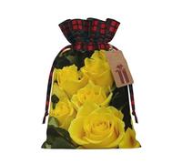 Yellow Roses Christmas Drawstring Linen Gift Bag Paired With Scottish Plaid Fabric, With A Delicate And Simple Texture
