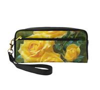 Yellow Roses Printed Leather Makeup Bags with Wrist Strap Portable Travel Toiletry Bag Cosmetic Organizer Bag for Women
