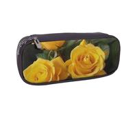 Yellow Roses Printed Pu Leather Pencil Case Box Flip Pen Bag and Makeup Cosmetic Holder for Girls Boys School Students
