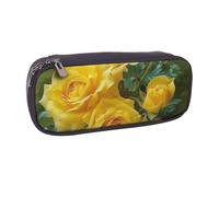 Yellow Roses Printed Pu Leather Pencil Case Box Flip Pen Bag and Makeup Cosmetic Holder for Girls Boys School Students
