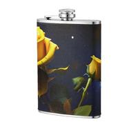 Yellow Roses Starry Night 8oz Leather Hip Flask - Stainless Steel Whiskey Flask for Drinks, Pocket Liquor Set for Men Wedding Groomsman