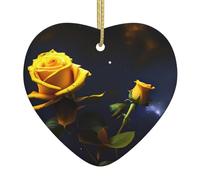 Yellow Roses Starry Night Heart-Shaped Ceramic Pendant Printed Ceramic Pendant Suitable for Hanging on windowsills or fireplaces