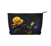 Yellow Roses Starry Night Printed Corduroy Cosmetic Bag - Women's Portable Zipper Toiletry Storage Bag, Black, One Size