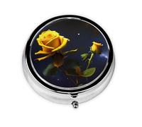 Yellow Roses Starry Night Round mini Pill Box, Lightweight and Portable, with 3 Plastic Inserts, Suitable for Carrying in Pockets or Wallets.