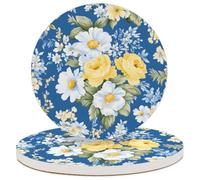 Yellow Roses White Daisies Pattern Coasters for Drinks Set of 2