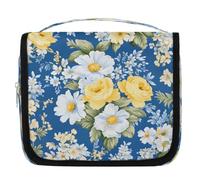 Yellow Roses White Daisies Pattern Travel Toiletry Bag with Hanging Hook, Waterproof Hanging Makeup Organizer Portable Cosmetic Bag for Women & Men Travel Essentials Accessories